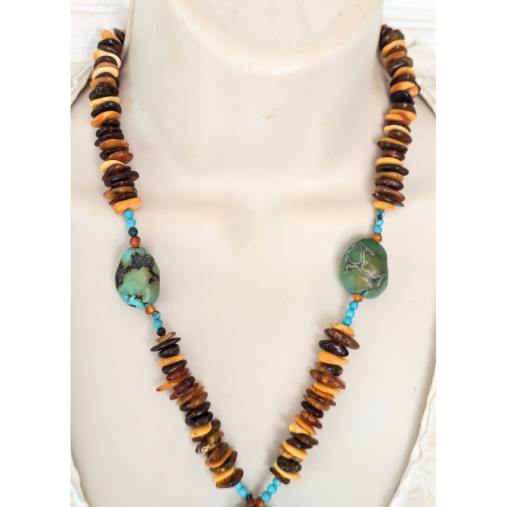 Sterling Egg Yolk Baltic Amber Blue Turquoise Chunks Beaded Pendant Necklace 22" - Picture 3 of 12